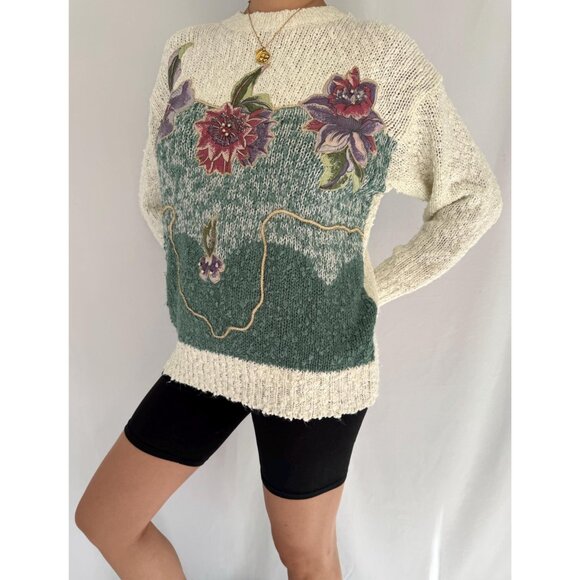 80s vintage floral embroidered applique fairy grandma long sleeved knit sweater - Picture 3 of 9